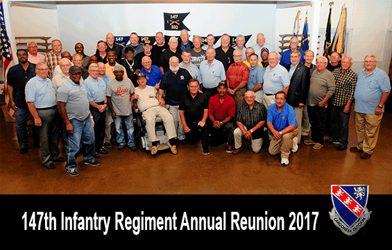 About 50 veterans of the Cincinnati-based 147th Infantry Regiment stand for photo.