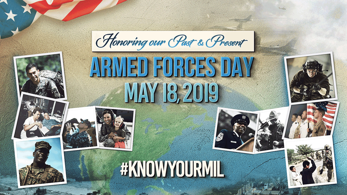 Collage of service members. Reads: Honoring our Past and Present. Armed Forces Day, May 18, 2019 ~ #KNOWYOURMIL