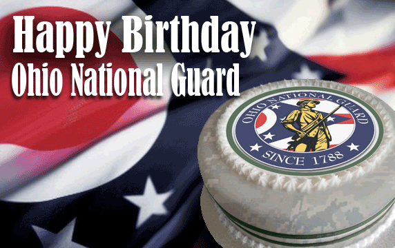 birthday cake with logo on Ohio flag background - reads Happy Birthday Ohio National Guard