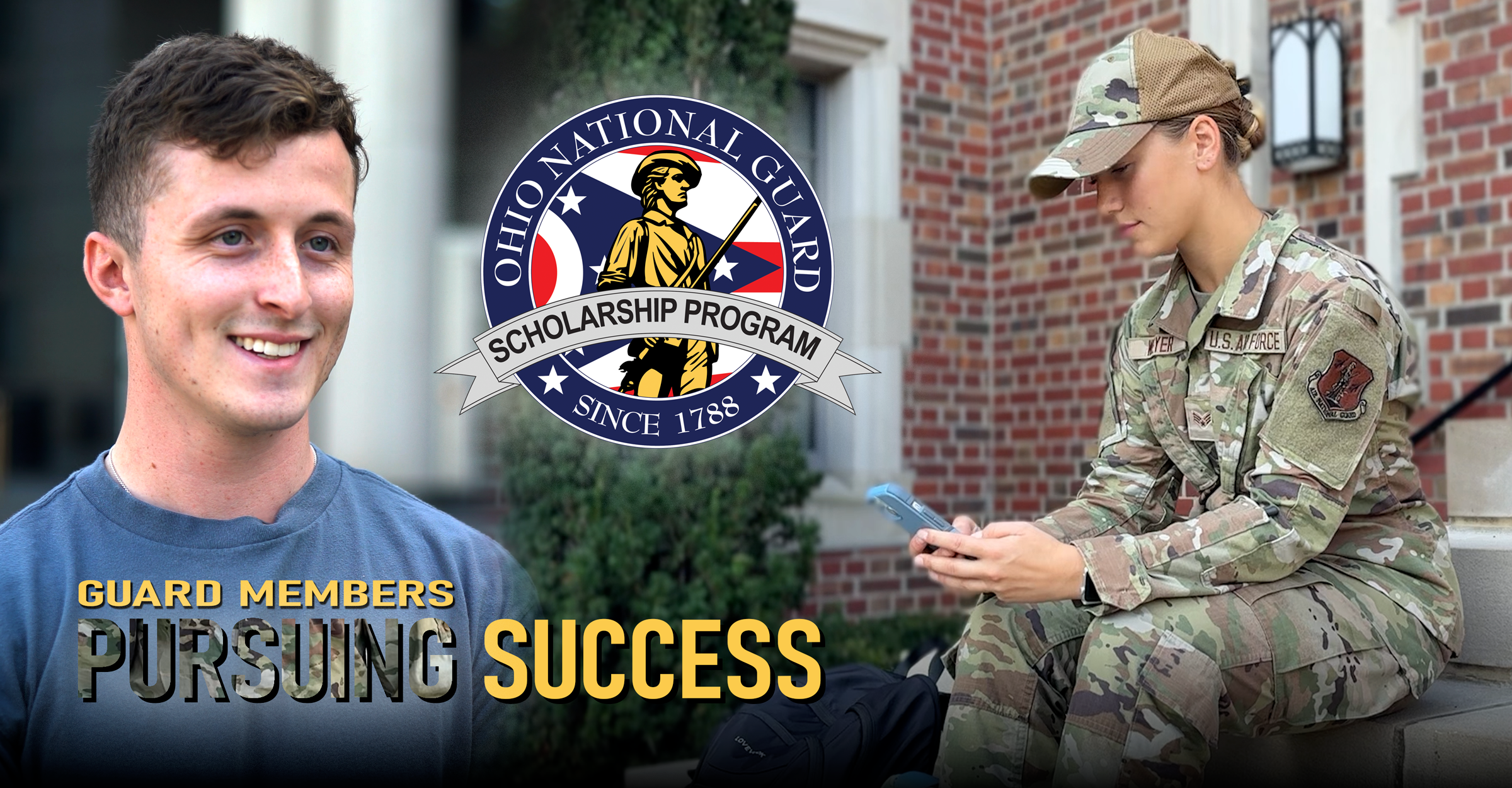 Male in tshirt and girl in uniform Guard members with Scholarship logo inbetween; headline reads Guard Members Pursuing Success