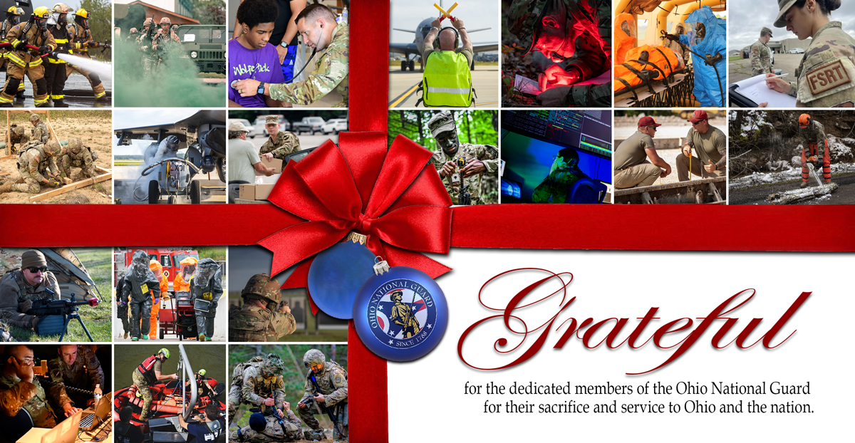 Photo collage of Ohio National Guard Soldiers and Airmen in the shape of a gift
