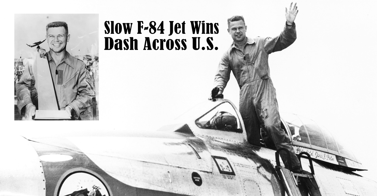 Lt. Col. James A. Poston is shown emerging from his F-84E Thunderjet -inset of Poston holding trophy