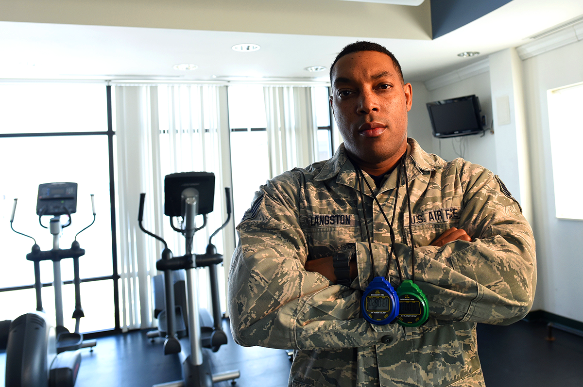 Senior Airman Tyrell Shaw stands for a photo in the dining facility.