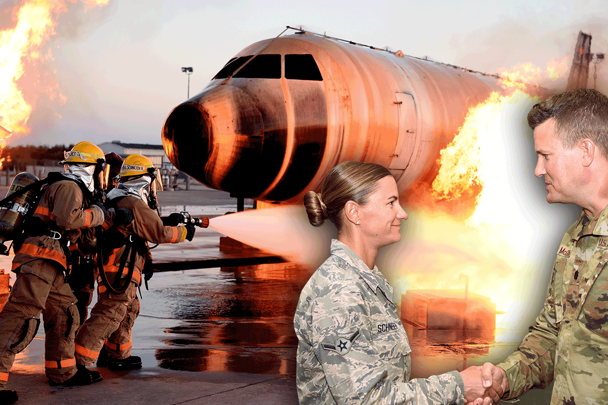 firefighters spraying plane on fire on tarmac, withsuper-imposed image of Schneider shaking hands with Airman.