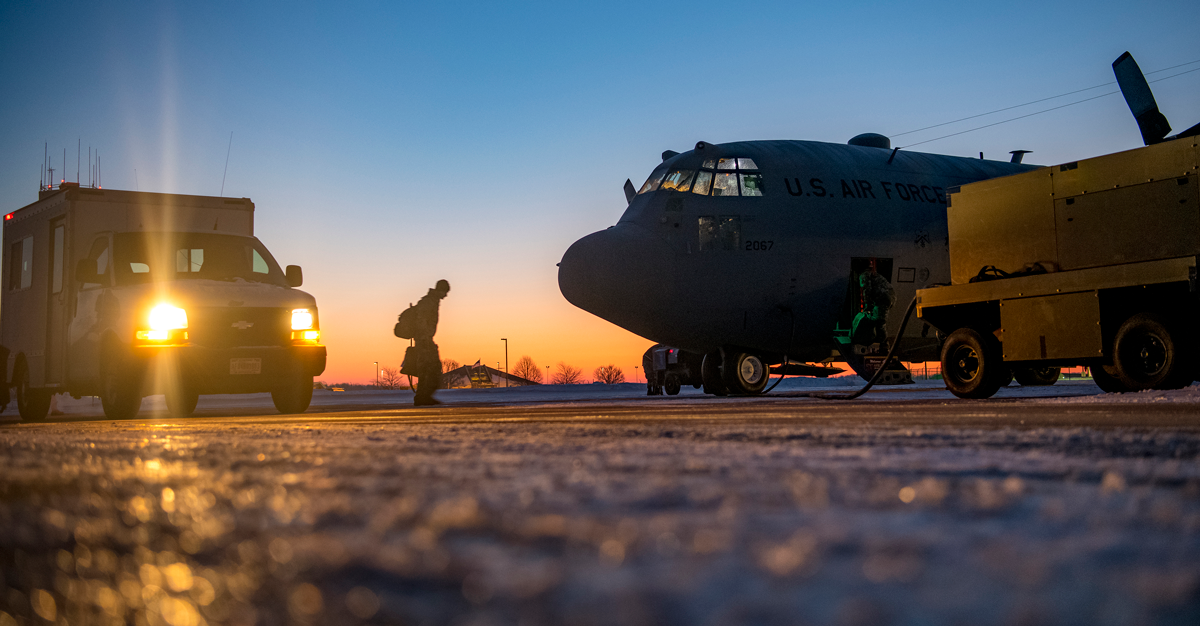 Airmen from the 179th Airlift Wing, Mansfield, Ohio, depart their home station in a C-130H Hercules, Feb. 21, 2021. 164th Airlift Squadron and 179th Maintenance Group will be flying and maintaining the C-130H aircraft in support of Operation Spartan Shield.
