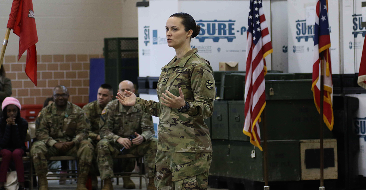 Capt. Jill Hoffman addressing Soldiers.
