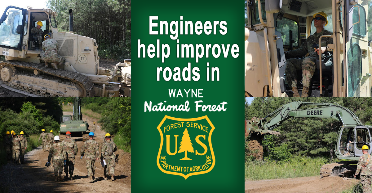Composite graphic of 4 images of Soldiers using equipment to clear roads with Wayne National Guard logo in center,