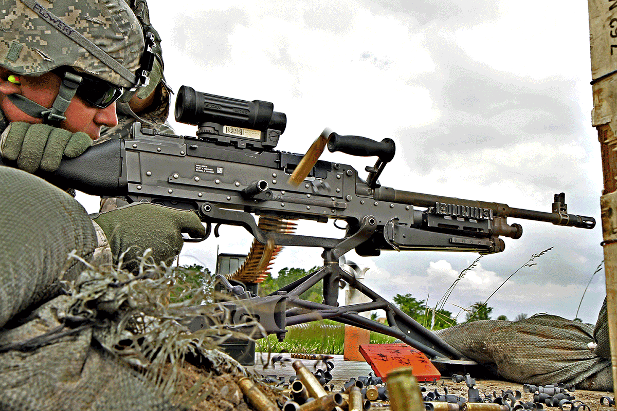 Sideview of Soldier with machine gun on ground.