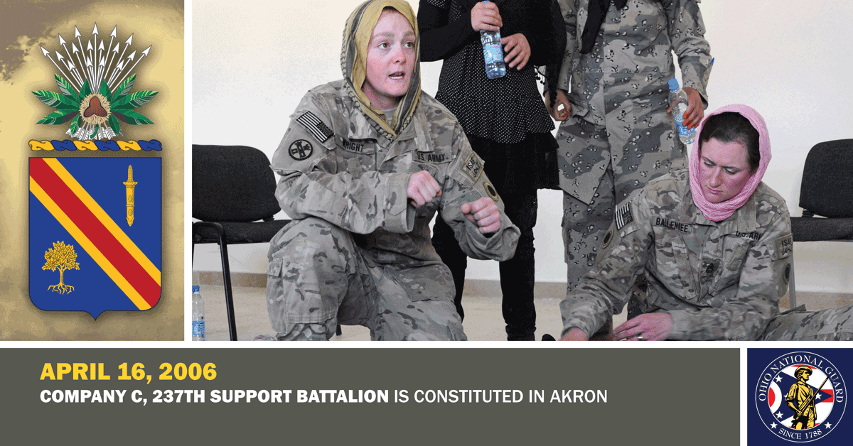 Graphic with crest and photo of female Soldiers reads: April 16, 2006, Company C, 237th Support battalion is constituted in Akron. 