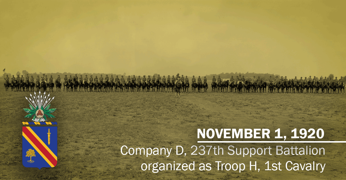 Graphic with image of 50 or so Soldiers lined up in row on horses in field and insignia super-imposed.