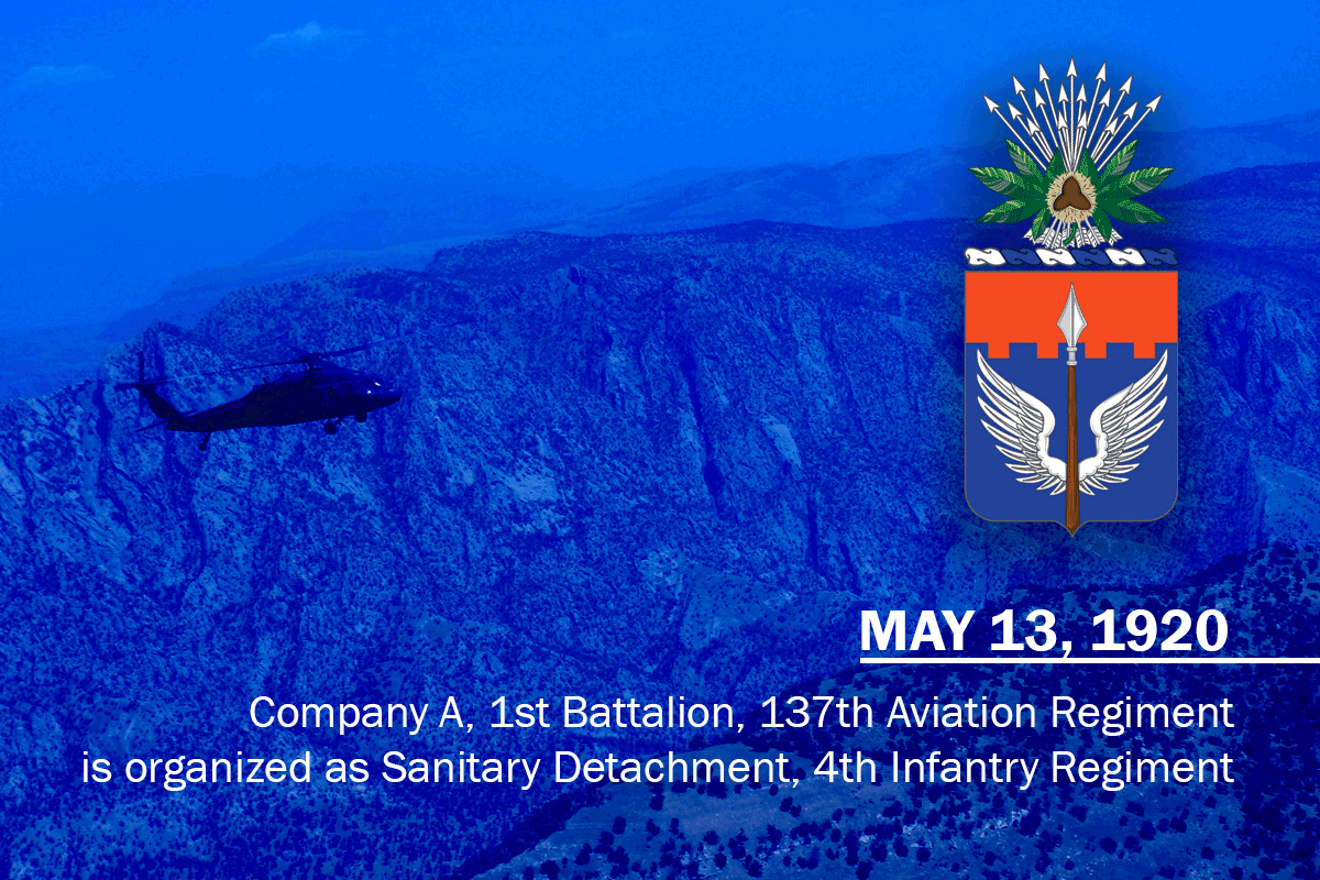 Graphic of black hawk flying over mountains with crest and organized date.