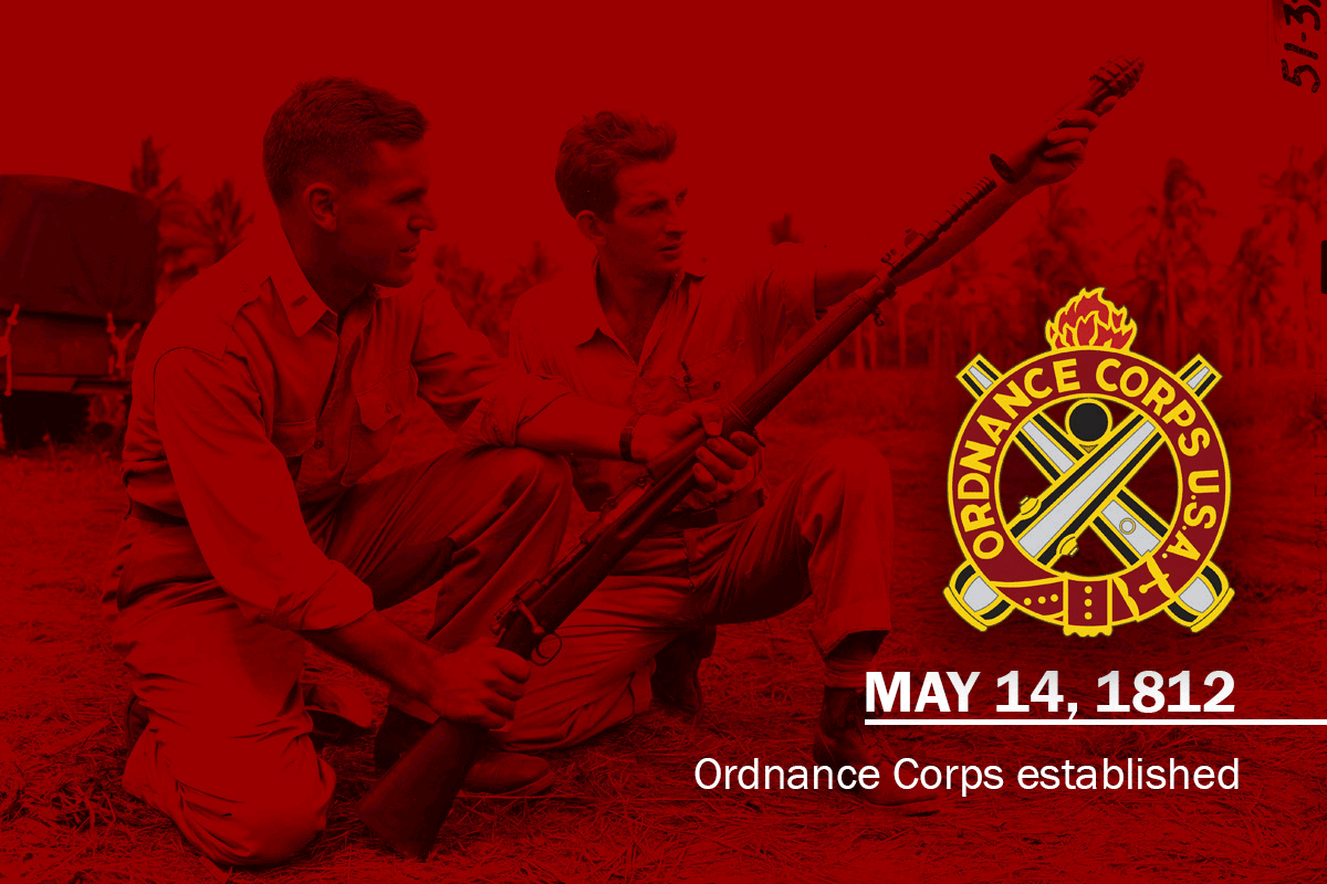 Graphic of soldiers kneeling to load rifle logo and with established date.