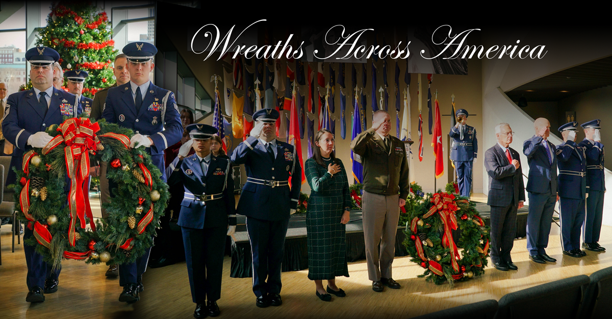 Graphic of Ohio National Guard Airmen holding a wreath and service members saluting on stage