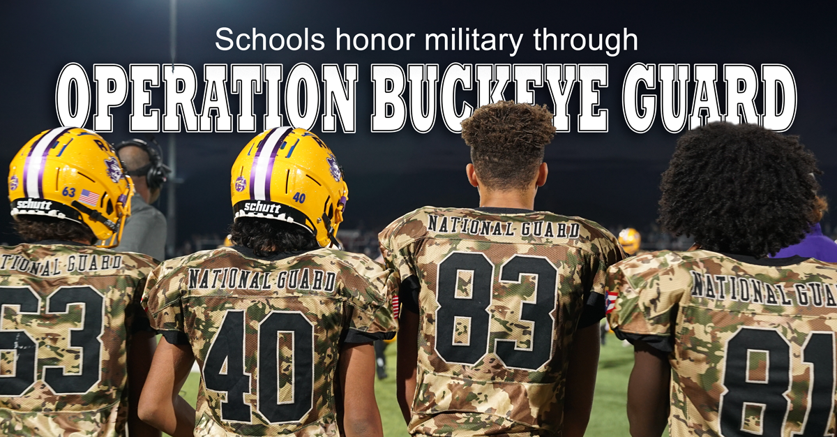 HS football players wearing camo jerseys that read Ohio National Guard.