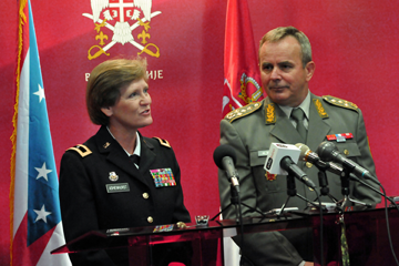 Maj. Gen. Deborah A. Ashenhurst (left), Ohio adjutant general, and Gen. Miloje Miletic, Serbian chief of general staff, make remarks to the media prior to an official bilateral meeting. 