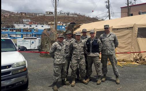 A six-Airman team from the 269th Combat Communications Squadron continues to provide tactical communications support to Hurricane Irma relief efforts in the U.S. Virgin Islands. The team, which consists of Back row (left to right) Tech. Sgt. Jason Clarkson, Tech. Sgt. Zachary Ruoff; Front row (left to right) Master Sgt. Nathan Lukey (123 ACS), Tech. Sgt. Michael Miller, Senior Airman Jade Brown and Capt. Craig Conner, is providing tactical communication support to first responders and others involved in Hurricane Irma relief efforts.(Courtesy photo)
