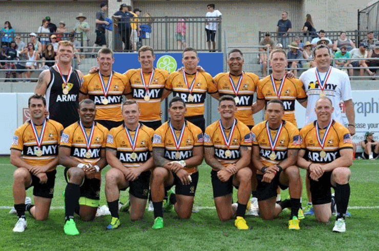 Spc. Zackaree Forro in a group photo with U.S. All-Army Rugby 7s Team.