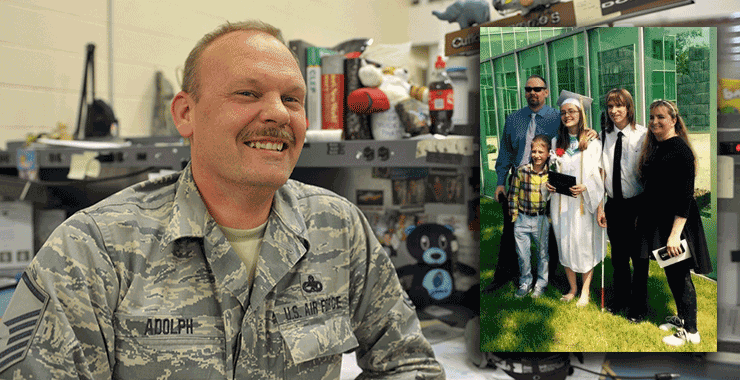 Photo of airman at desk with family photo supoerimposed.