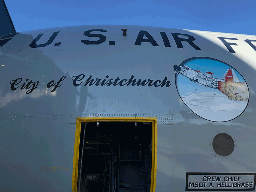 door of aircraft displaying 'City of Christchurch' 