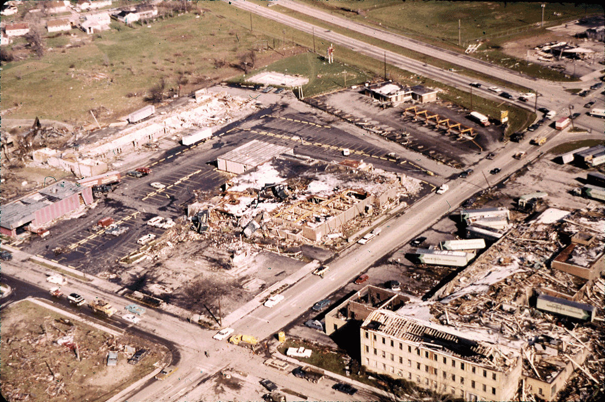 Aerial view of destruction in Xenia.