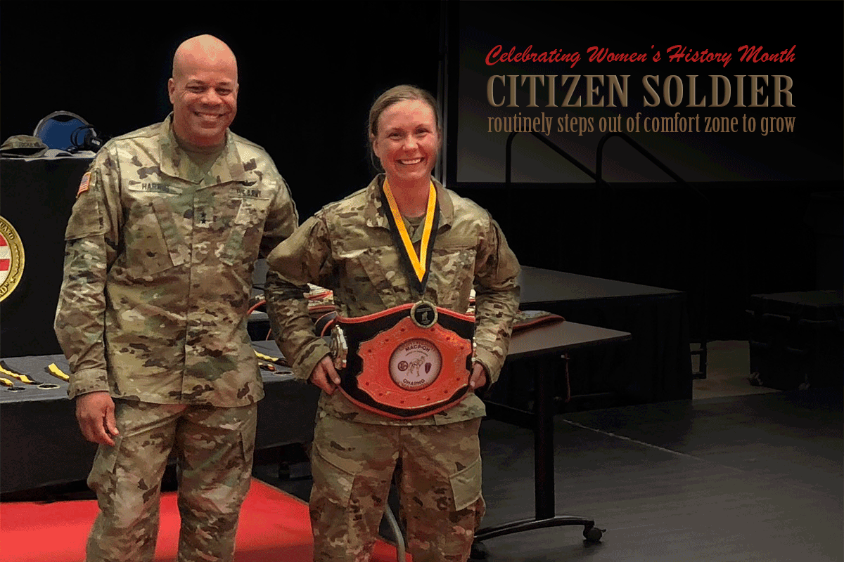 Maj. Gen. John C. Harris, Ohio Adjutant General stands with 1st Lt. Valerie Stearns sporting her Best Warrior Competition belt.