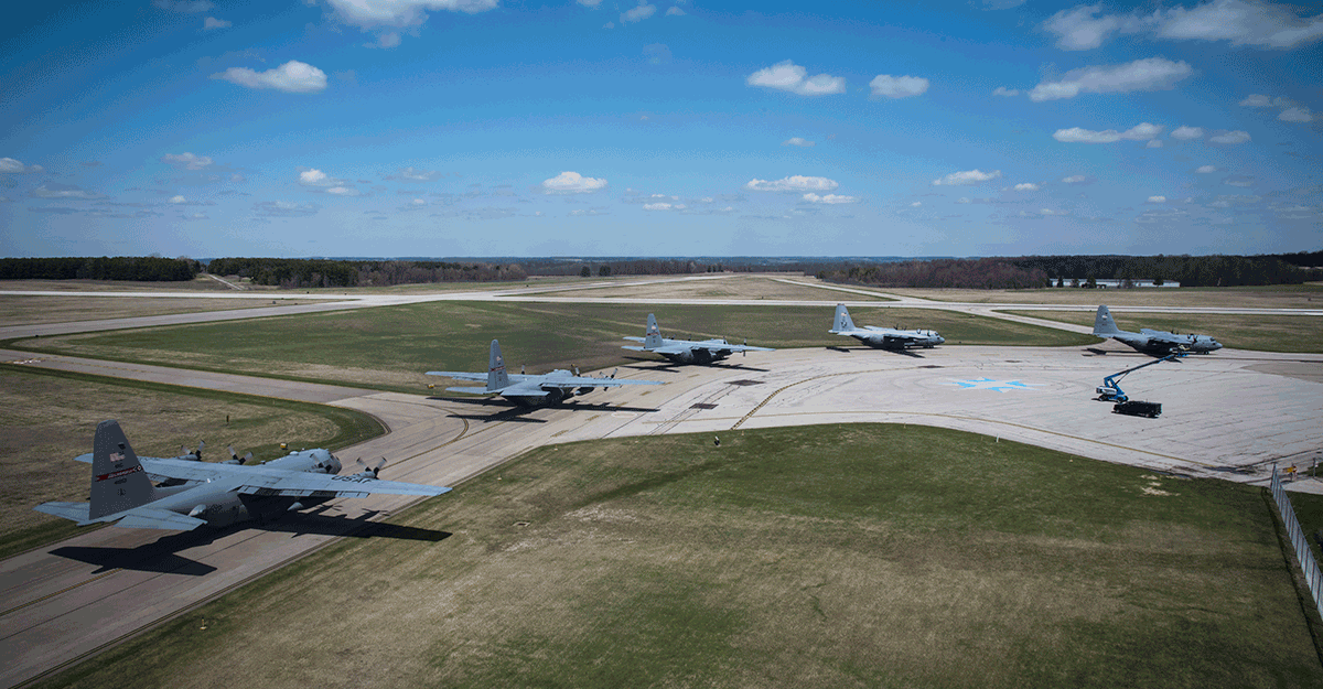 The 179th Airlift Wing conducts a five-ship formation flight using five of their eight C-130H Hercules.
