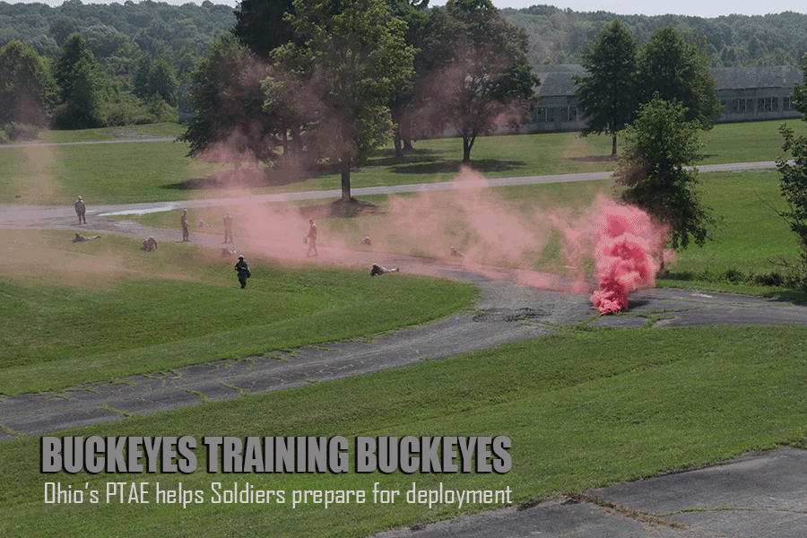 Soldiers with pink smoke screen drill