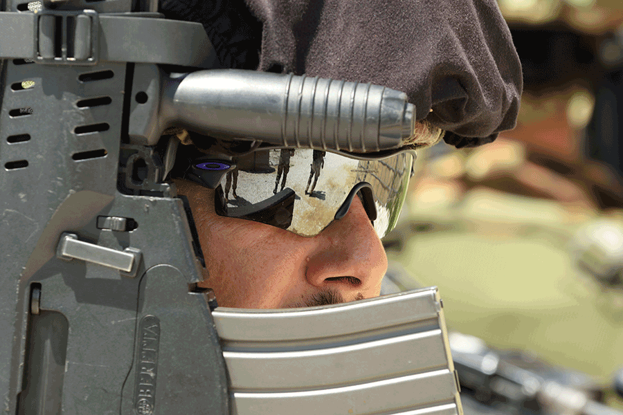Profile of Soldier in head gear.