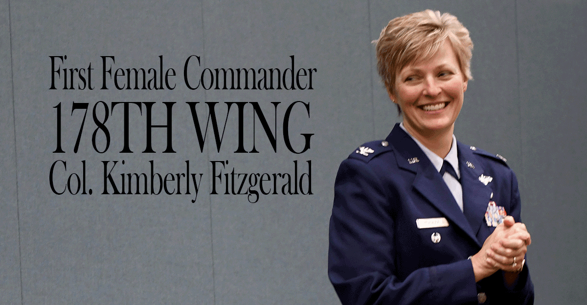 Female airman stading to right of text.