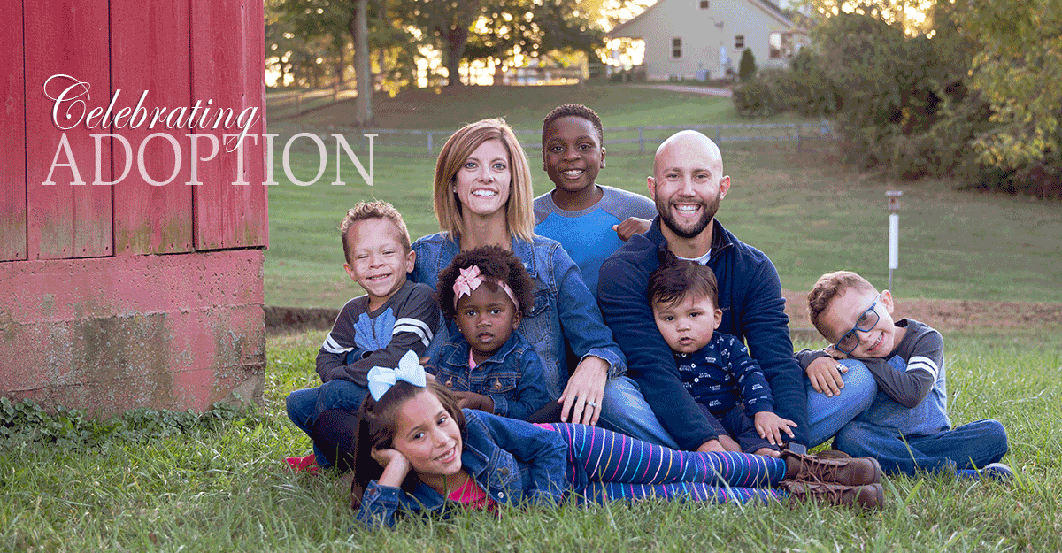 Staff Sgt. Ken Keller with wife and 6 adopted children sit for photos on farm.