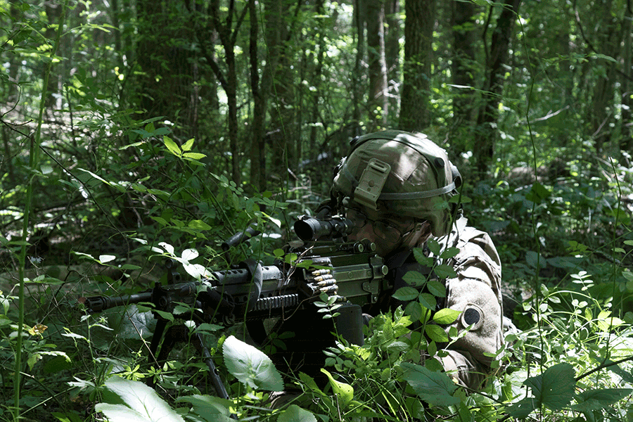  Soldiers in camo in forest.