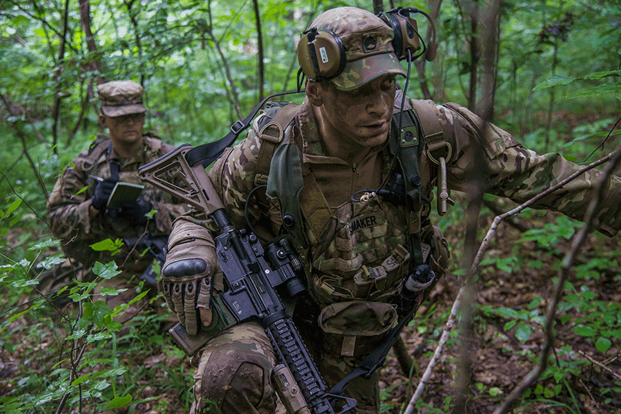 Soldiers in camo and gear, track in forest.