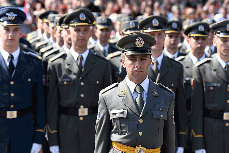 Serbian Armed Forces cadets stand in formation.