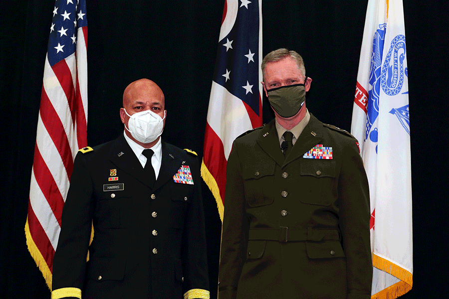 Maj. Gen. John C. Harris, Jr. and Maj. Gen. Steve Stivers stand for a photo wearing masks.