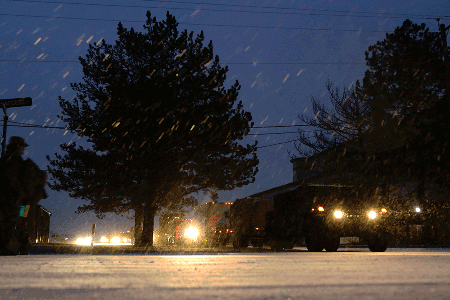 Night caravan with snow.