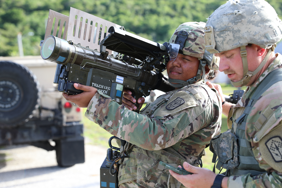 Soldiers operate a man-portable air-defense system.