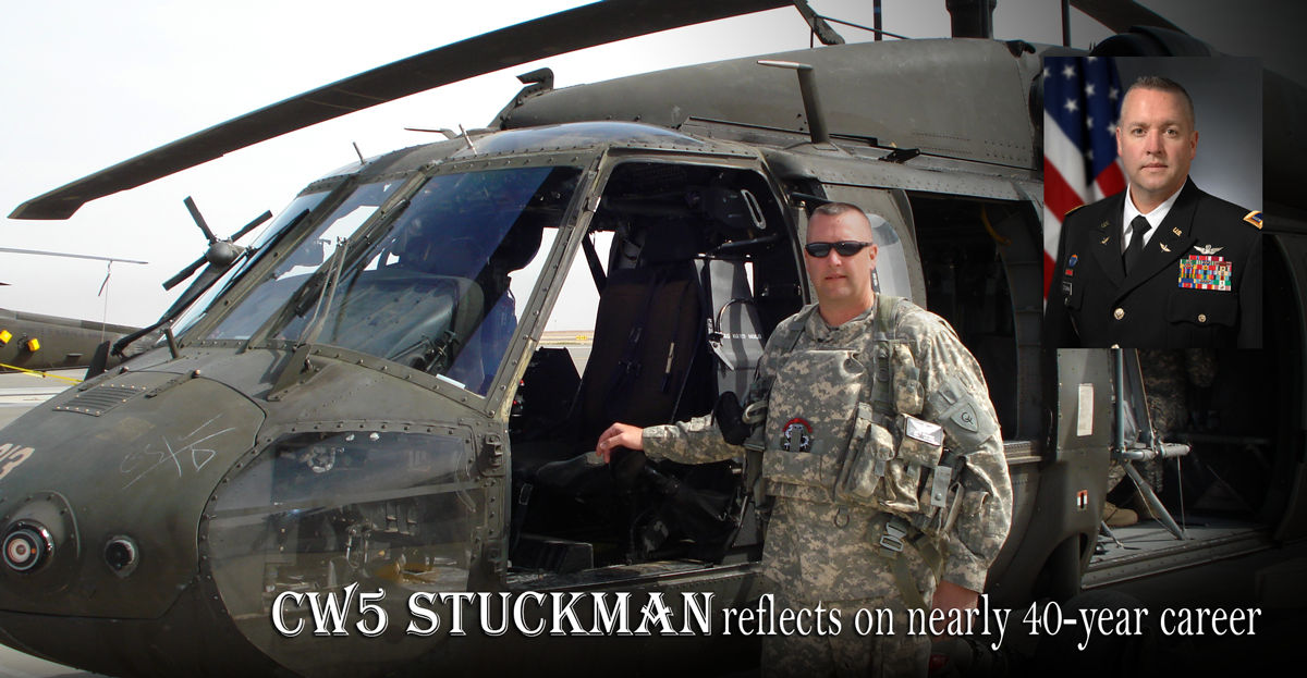 Stuckman outside chopper with inset of formal photo.