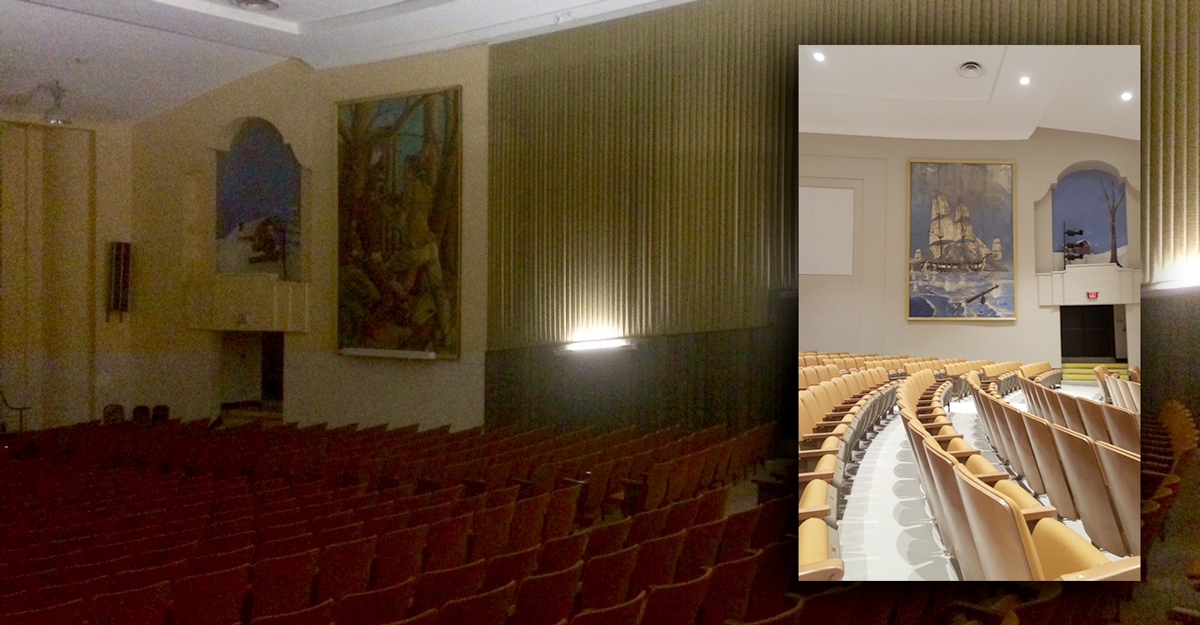 Old auditorium interior with inset of rennovation