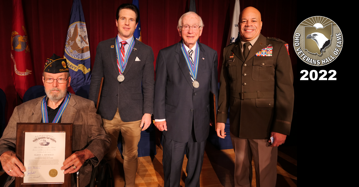 Ohio Adjutant General poses with 3 Veteran Hall of Fame inductees.  