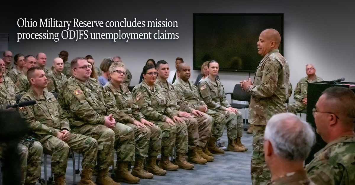 Maj. Gen. John C. Harris Jr. speaks to members of the Ohio Military Reserve in classroom.
