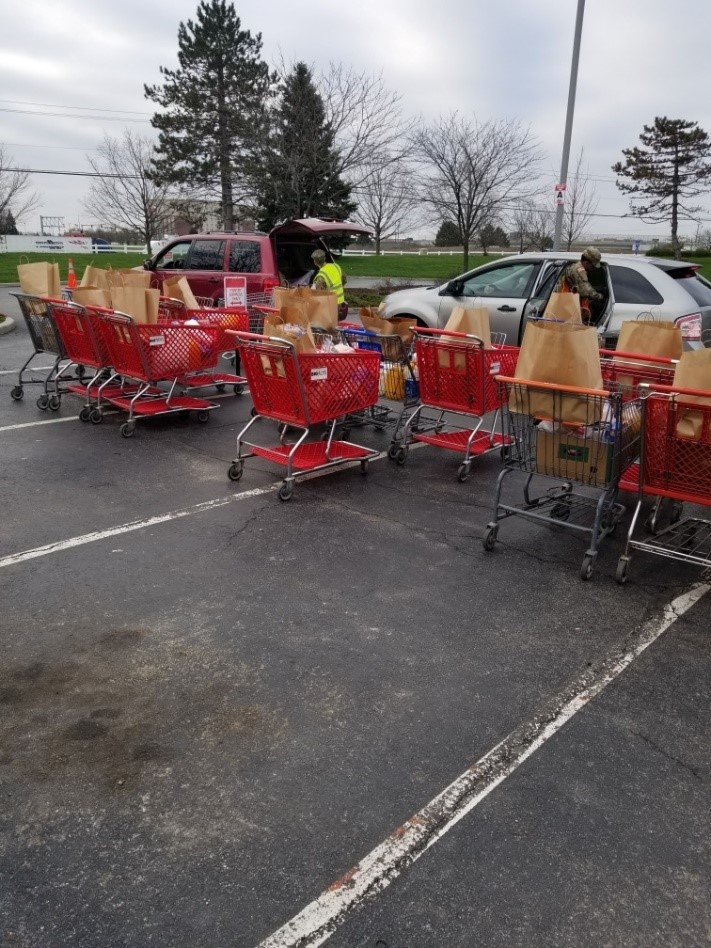 Soldiers pass out groceries from lined up grocery carts in parking lot.
